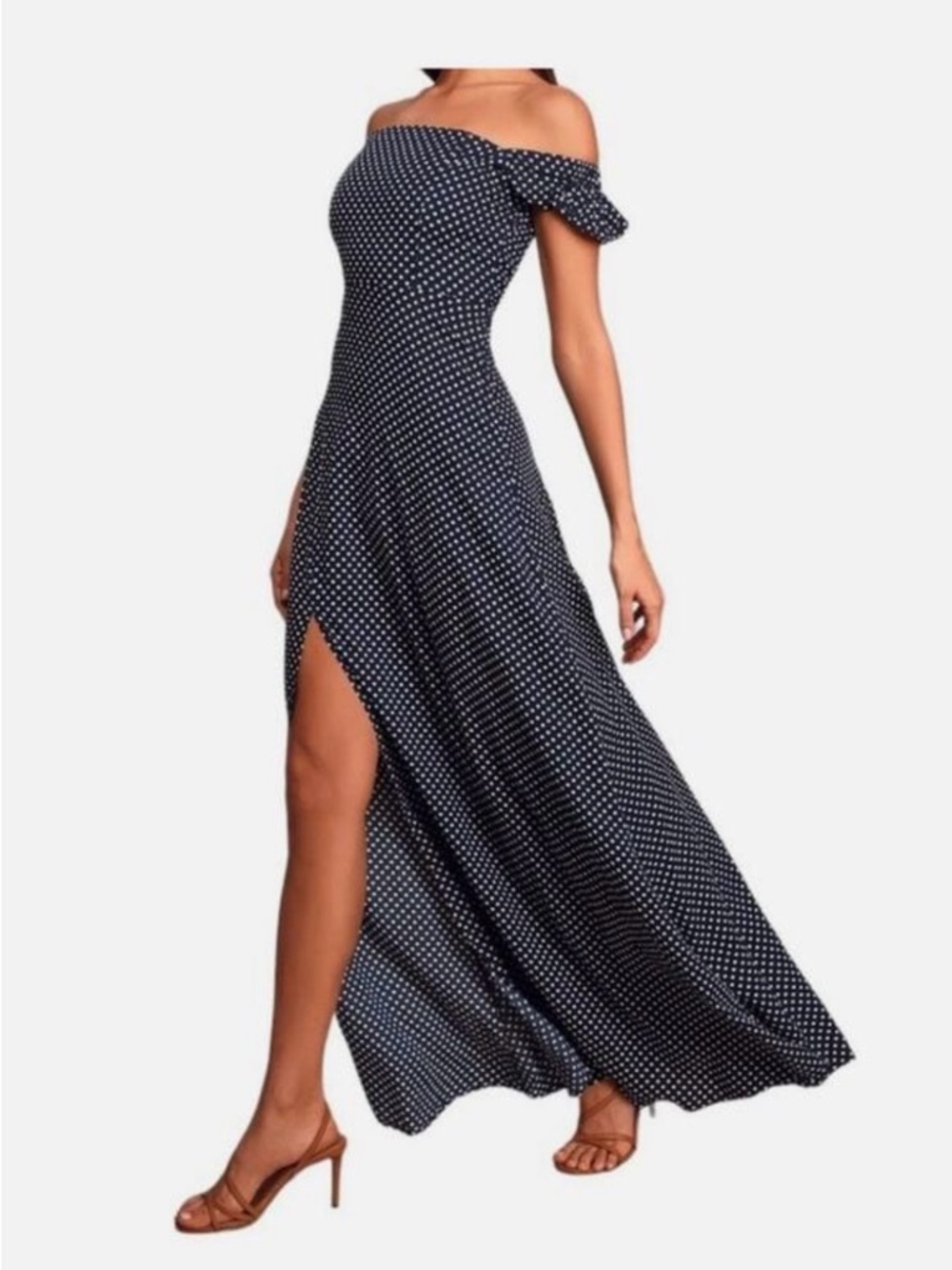 Off-Shoulder Navy Polka Dot Maxi Dress